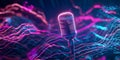 A futuristic 3D background showcasing a glowing, levitating microphone emitting waves of Royalty Free Stock Photo