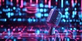 A futuristic 3D background showcasing a levitating neon microphone, glowing with pulsating sound Royalty Free Stock Photo