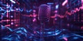 A futuristic 3D background showcasing a levitating neon microphone, glowing with pulsating sound Royalty Free Stock Photo