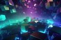 Futuristic 3D geometric shape background, virtual environment filled with holographic, pulsating geometric shapes, creating a