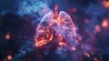 Futuristic 3D hologram of human lungs in high detail emanating a vivid glow