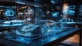 Futuristic 3D holographic car model displayed in a conceptual design studio Royalty Free Stock Photo