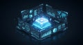 Futuristic 3D holographic interface displaying various digital data, charts, and