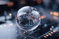 A futuristic 3D holographic sphere floats above a keyboard, visualizing global currency exchange rates and stock market