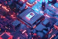 Cybersecurity lock on microchip symbolizing data protection, digital security and encrypted technology Royalty Free Stock Photo