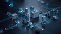 Futuristic 3D Isometric View of Data Center Server Farm Infrastructure, High Tech Blue Circuit Board Network with Glowing Digital Royalty Free Stock Photo