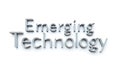 Futuristic 3D metallic text \'Emerging Technology\' casts shadow on bright clean background Royalty Free Stock Photo
