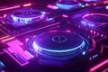 A futuristic 3D music background with floating digital turntables, glowing with neon lights.