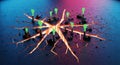 Futuristic 3D network with glowing green figures connected by orange lines on dark blue gradient background with central star Royalty Free Stock Photo
