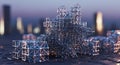Futuristic 3D Network Structure in Cyberpunk Cityscape at Dusk Royalty Free Stock Photo