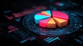 Vibrant 3D pie chart visualizing data analytics on futuristic dark digital background, neon glowing light, Royalty Free Stock Photo