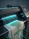 Futuristic 3D printer creating detailed designs on fabric in a sleek, modern setting