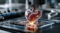 A futuristic 3D printer creating a realistic heart model, symbolizing advancements in medical and biotechnology fields
