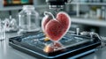 A futuristic 3D printer creating a realistic heart model, symbolizing advancements in medical and biotechnology fields