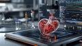 A futuristic 3D printer creating a realistic heart model, symbolizing advancements in medical and biotechnology fields