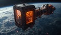 Futuristic 3D printer module operates in low Earth orbit, connected to large spacecraft. Glowing orange light indicates active Royalty Free Stock Photo