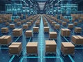 Futuristic 3D render of automated retail warehouse AGV robots efficiently delivering cardboard boxes
