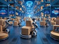 Futuristic 3D render of automated retail warehouse AGV robots efficiently delivering cardboard boxes