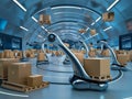 Futuristic 3D render of automated retail warehouse AGV robots efficiently delivering cardboard boxes