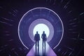 Futuristic 3D render a businessmen standing in the center of a glossy tunnel in an outer space against nebula