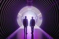 Futuristic 3D render a businessmen standing in the center of a glossy tunnel in an outer space against nebula