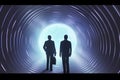Futuristic 3D render a businessmen standing in the center of a glossy tunnel in an outer space against nebula