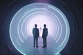 Futuristic 3D render a businessmen standing in the center of a glossy tunnel in an outer space against nebula