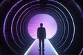 Futuristic 3D render a businessmen standing in the center of a glossy tunnel in an outer space against nebula