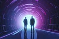 Futuristic 3D render a businessmen standing in the center of a glossy tunnel in an outer space against nebula