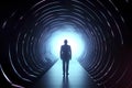 Futuristic 3D render a businessmen standing in the center of a glossy tunnel in an outer space against nebula