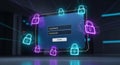 Cyber Security Login Screen Surrounded by Glowing Neon Padlocks, Digital Data Protection Concept Royalty Free Stock Photo