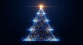 Futuristic 3D render of a glowing blue and gold cybernetic Christmas tree conceptualized as a complex data network structure on a Royalty Free Stock Photo