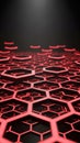 Futuristic 3D render of a glowing red hexagonal grid pattern receding into a dark, smoky, atmospheric background with dramatic Royalty Free Stock Photo
