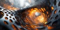 Futuristic 3D Render of Metallic Tunnel with Glowing Orange Lights