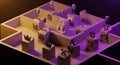 Futuristic 3D maze with interconnected spheres, gears, and geometric cubes on gradient purple and yellow background Royalty Free Stock Photo