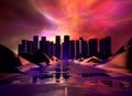 Futuristic 3D Rendered Electric Magenta Ethereal Sunset Cityscape Road Background