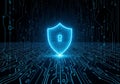 Digital security shield protecting data on an abstract blue circuit board background Royalty Free Stock Photo