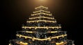 A futuristic 3D rendered pyramid structure with glowing orange and yellow lights made of small squares and rectangles on black Royalty Free Stock Photo