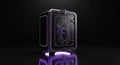 Futuristic 3D rendered safe box with geometric pattern and purple glowing window on dark mysterious background Royalty Free Stock Photo