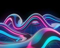 Futuristic 3D rendered undulating metallic waves with neon pink and cyan light reflections and a glowing blue grid pattern on a Royalty Free Stock Photo