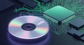 A futuristic 3D rendering of a CD labeled UHD resting on a green circuit board with electronic components and a green chip with Royalty Free Stock Photo