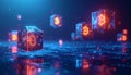 Futuristic 3D rendering of floating geometric blockchain nodes, each containing a glowing Bitcoin symbol Royalty Free Stock Photo
