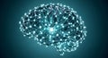 Futuristic 3D rendering of a human brain composed of interconnected glowing lines and dots forming a neural network on dark blue Royalty Free Stock Photo