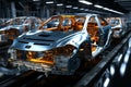 Futuristic 3D rendering Robot assembly line automating car factory concept