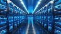 Futuristic 3D server hub: advanced data servers lined up in a high-tech room, illuminated by blue LED lights, embodying Royalty Free Stock Photo