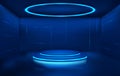 Futuristic 3D studio with an empty podium, a round neon lamp