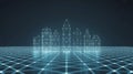 Futuristic 3D visualization of a city skyline constructed from glowing digital lines and geometric connections on a vast network Royalty Free Stock Photo
