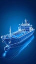 Futuristic 3D wireframe model of a commercial cargo ship on a reflective blue surface. Royalty Free Stock Photo