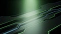 Futuristic dark background with glowing green and blue circuit board lines Royalty Free Stock Photo