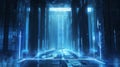 Futuristic dark blue background for presentations with sleek columns and glowing tech patterns